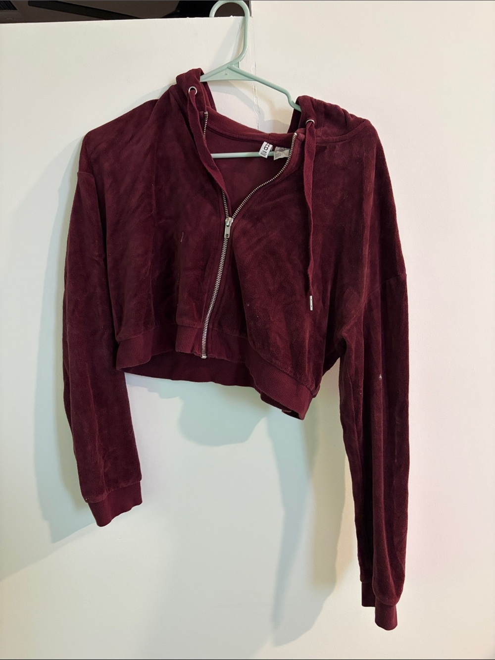 H&M Cropped Velour Zip Hoodie - Burgundy